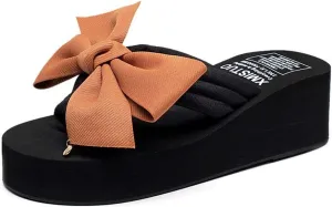 MIOKE Women's Bowknot Wedge Flipflops Summer Sweet Fashion Platform Comfort Nonslip Beach Thong Sandals