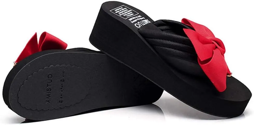 MIOKE Women's Bowknot Wedge Flipflops Summer Sweet Fashion Platform Comfort Nonslip Beach Thong Sandals