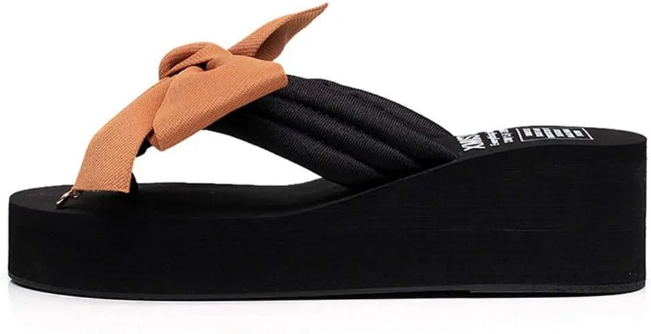 MIOKE Women's Bowknot Wedge Flipflops Summer Sweet Fashion Platform Comfort Nonslip Beach Thong Sandals