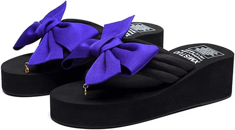 MIOKE Women's Bowknot Wedge Flipflops Summer Sweet Fashion Platform Comfort Nonslip Beach Thong Sandals