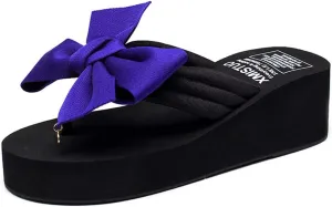 MIOKE Women's Bowknot Wedge Flipflops Summer Sweet Fashion Platform Comfort Nonslip Beach Thong Sandals