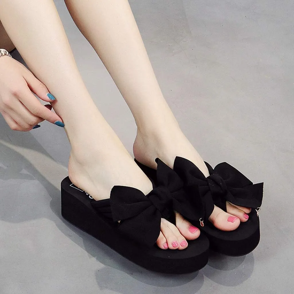 MIOKE Women's Bowknot Wedge Flipflops Summer Sweet Fashion Platform Comfort Nonslip Beach Thong Sandals