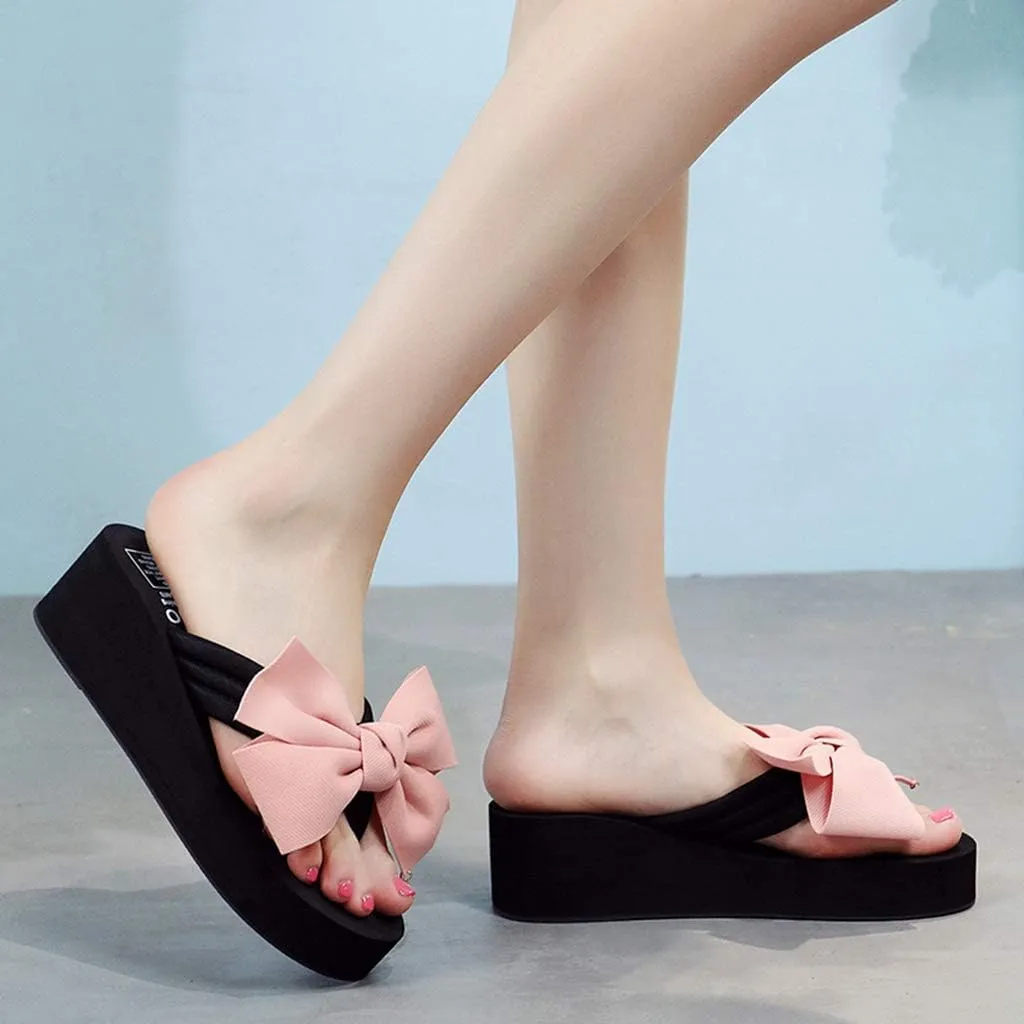 MIOKE Women's Bowknot Wedge Flipflops Summer Sweet Fashion Platform Comfort Nonslip Beach Thong Sandals