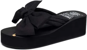 MIOKE Women's Bowknot Wedge Flipflops Summer Sweet Fashion Platform Comfort Nonslip Beach Thong Sandals