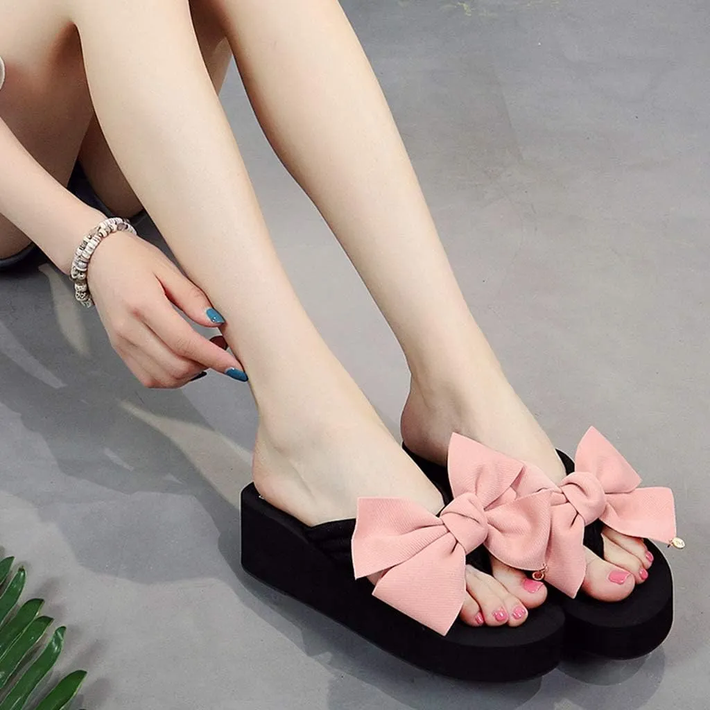 MIOKE Women's Bowknot Wedge Flipflops Summer Sweet Fashion Platform Comfort Nonslip Beach Thong Sandals
