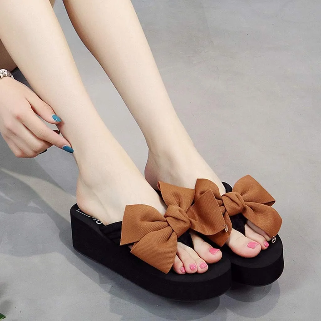 MIOKE Women's Bowknot Wedge Flipflops Summer Sweet Fashion Platform Comfort Nonslip Beach Thong Sandals