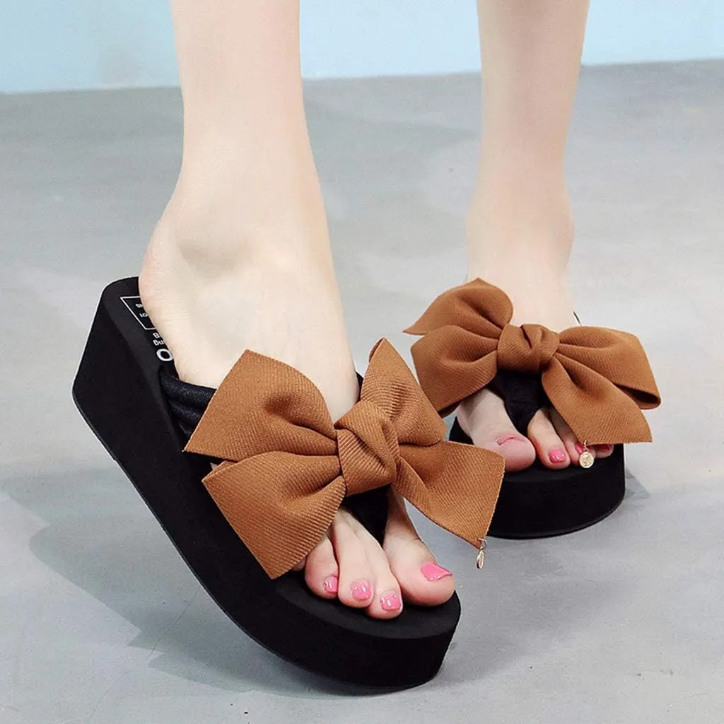 MIOKE Women's Bowknot Wedge Flipflops Summer Sweet Fashion Platform Comfort Nonslip Beach Thong Sandals