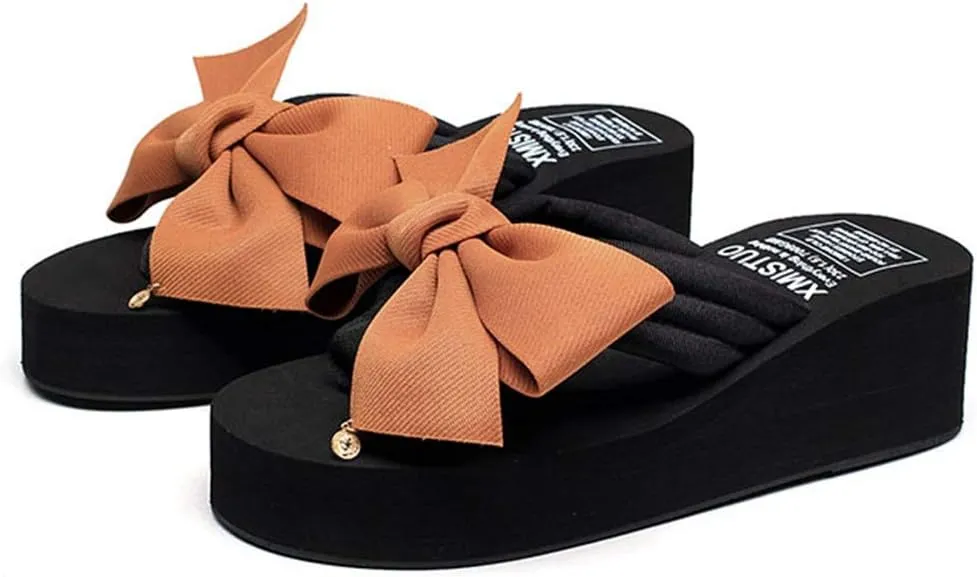 MIOKE Women's Bowknot Wedge Flipflops Summer Sweet Fashion Platform Comfort Nonslip Beach Thong Sandals