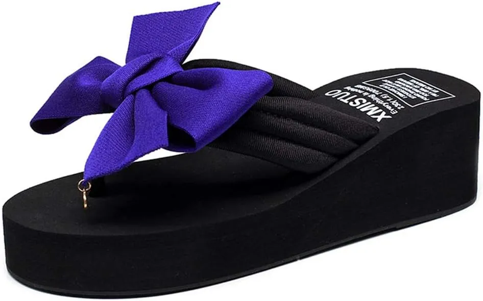 MIOKE Women's Bowknot Wedge Flipflops Summer Sweet Fashion Platform Comfort Nonslip Beach Thong Sandals