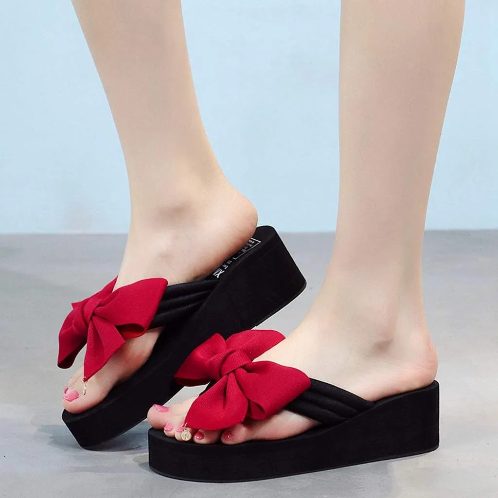 MIOKE Women's Bowknot Wedge Flipflops Summer Sweet Fashion Platform Comfort Nonslip Beach Thong Sandals