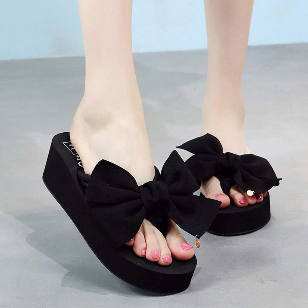 MIOKE Women's Bowknot Wedge Flipflops Summer Sweet Fashion Platform Comfort Nonslip Beach Thong Sandals