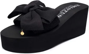 MIOKE Women's Bowtie Wedge Slide Sandals Fashion High Heel Platform Comfort Anti-Slip Summer Beach Sandal