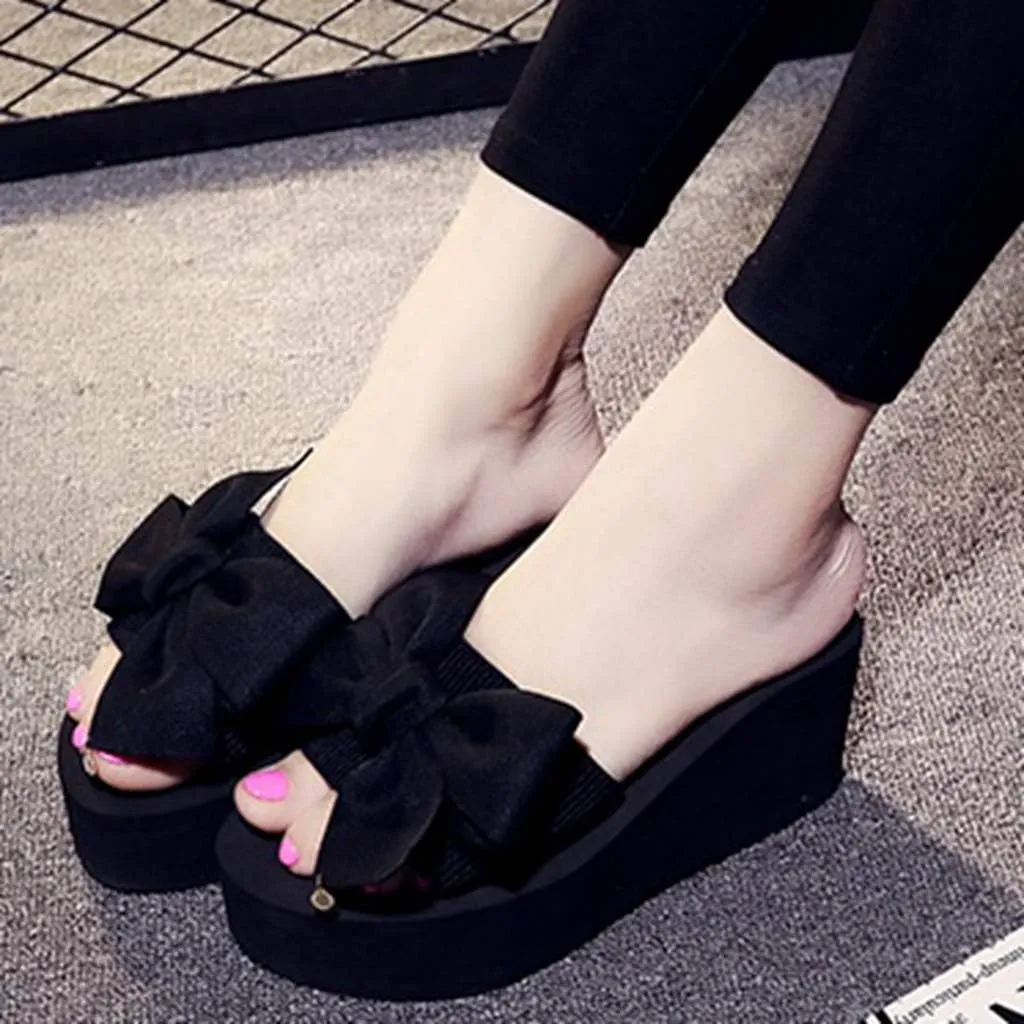 MIOKE Women's Bowtie Wedge Slide Sandals Fashion High Heel Platform Comfort Anti-Slip Summer Beach Sandal