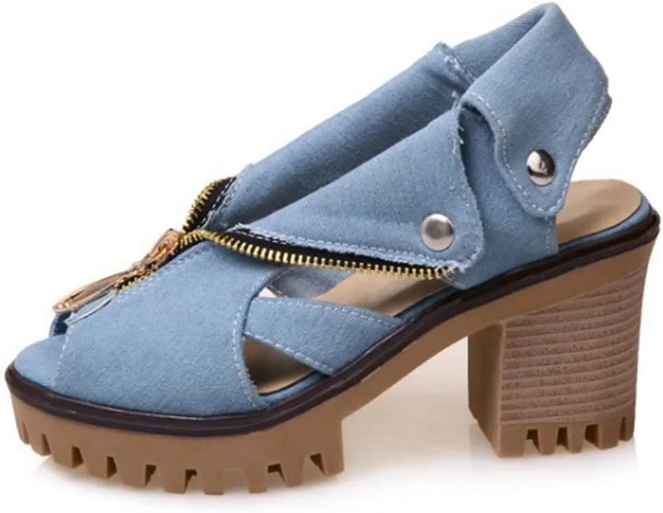 MIOKE Women's Chunky Stacked High Heel Sandals Cuff Denim Peep Toe Zipper Platform Block Heeled Sandal