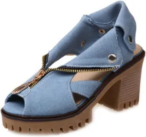 MIOKE Women's Chunky Stacked High Heel Sandals Cuff Denim Peep Toe Zipper Platform Block Heeled Sandal