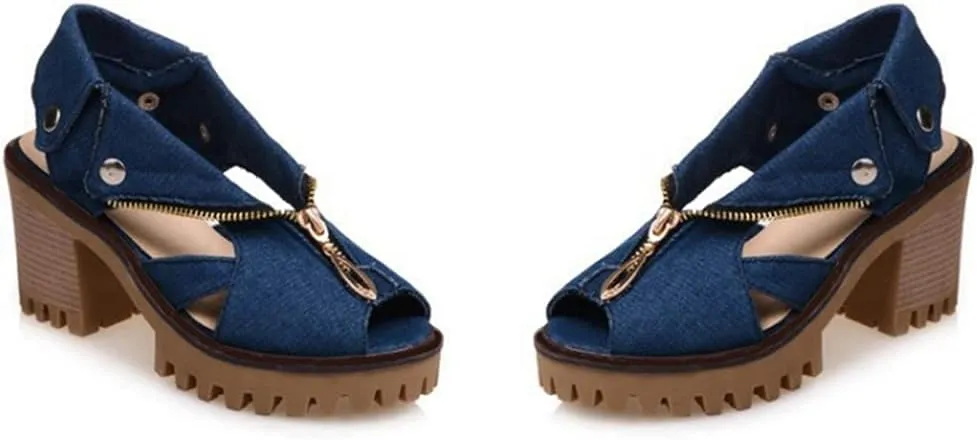 MIOKE Women's Chunky Stacked High Heel Sandals Cuff Denim Peep Toe Zipper Platform Block Heeled Sandal