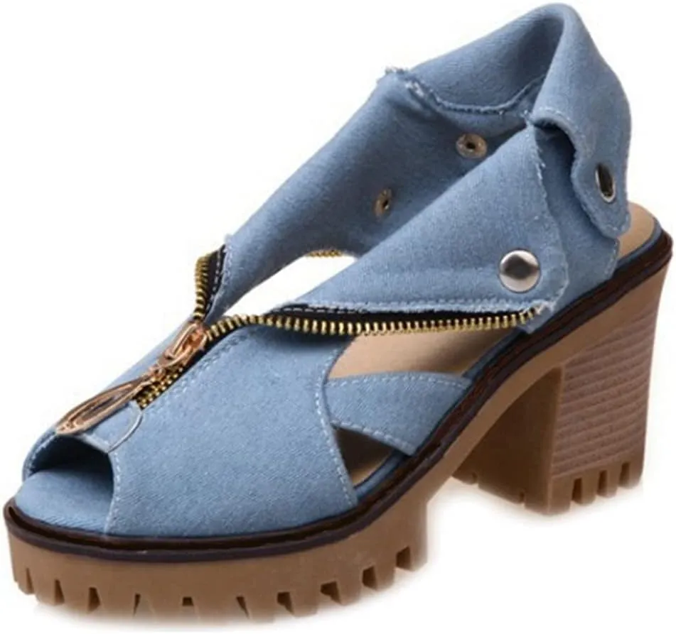 MIOKE Women's Chunky Stacked High Heel Sandals Cuff Denim Peep Toe Zipper Platform Block Heeled Sandal