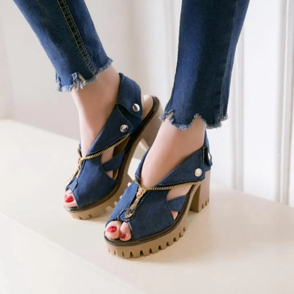 MIOKE Women's Chunky Stacked High Heel Sandals Cuff Denim Peep Toe Zipper Platform Block Heeled Sandal