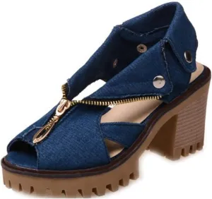 MIOKE Women's Chunky Stacked High Heel Sandals Cuff Denim Peep Toe Zipper Platform Block Heeled Sandal