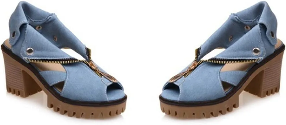 MIOKE Women's Chunky Stacked High Heel Sandals Cuff Denim Peep Toe Zipper Platform Block Heeled Sandal