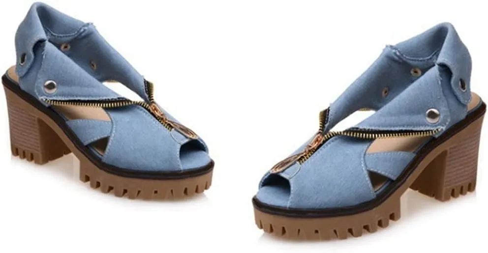 MIOKE Women's Chunky Stacked High Heel Sandals Cuff Denim Peep Toe Zipper Platform Block Heeled Sandal