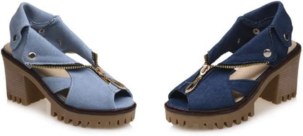 MIOKE Women's Chunky Stacked High Heel Sandals Cuff Denim Peep Toe Zipper Platform Block Heeled Sandal