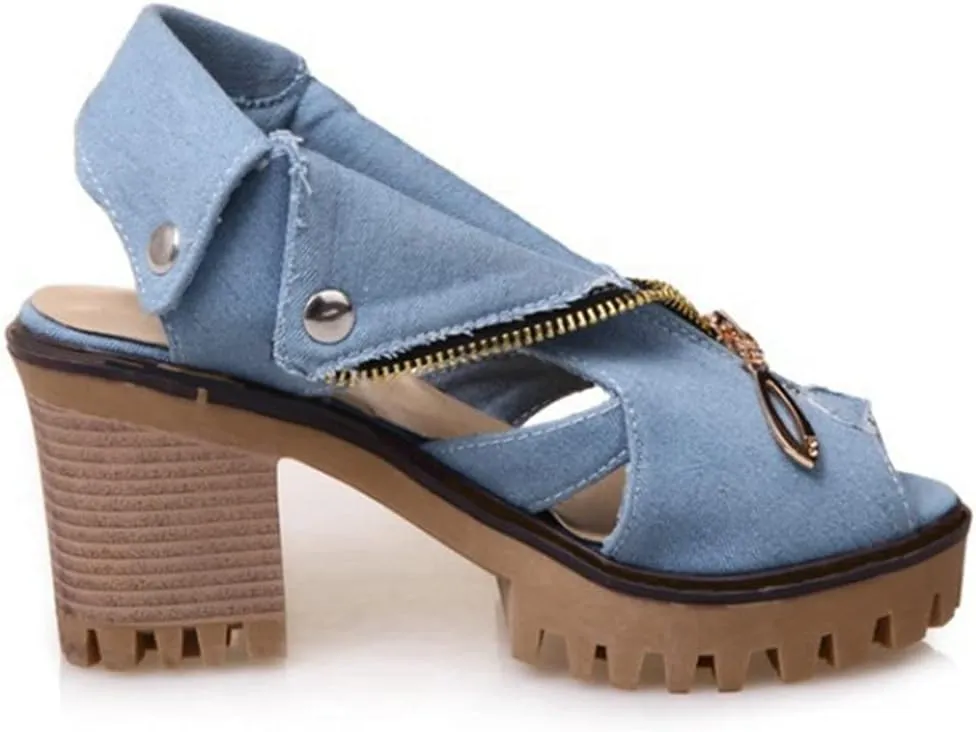 MIOKE Women's Chunky Stacked High Heel Sandals Cuff Denim Peep Toe Zipper Platform Block Heeled Sandal