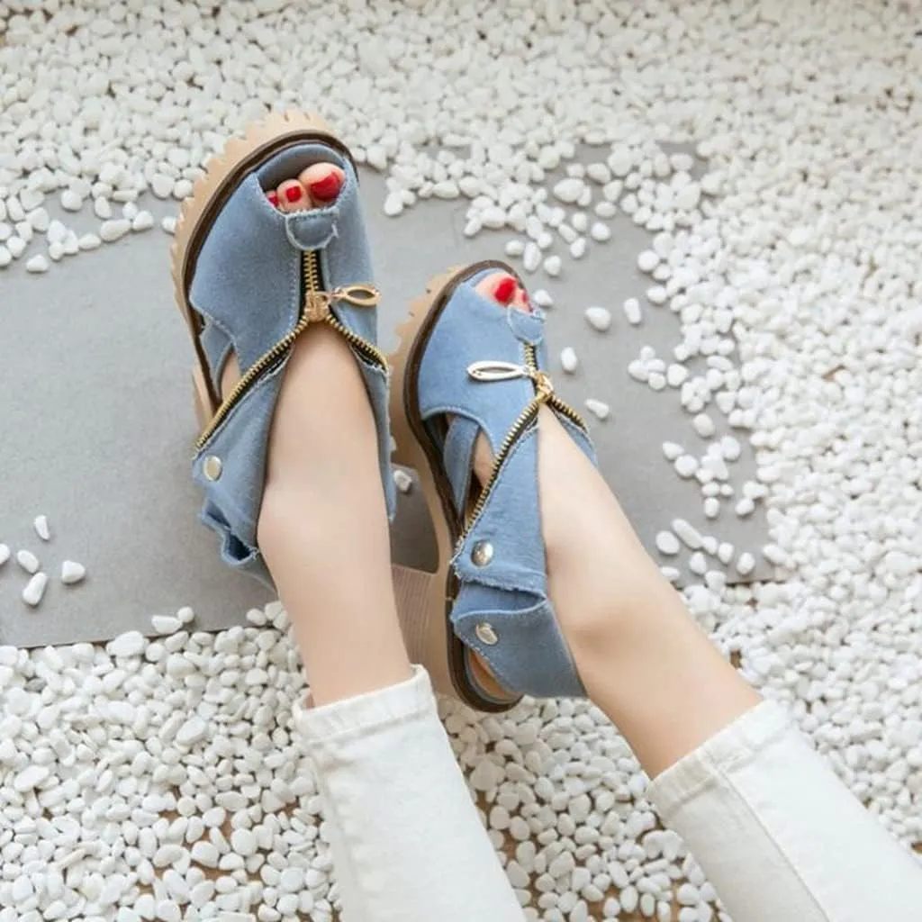 MIOKE Women's Chunky Stacked High Heel Sandals Cuff Denim Peep Toe Zipper Platform Block Heeled Sandal