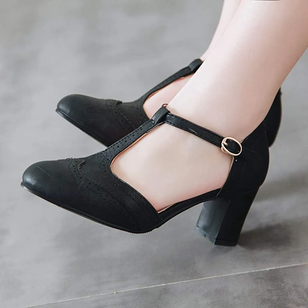 MIOKE Women's Classic T-Strap Mary Jane Pumps Round Toe Chunky Block Heel Retro Vintage Dress Oxford Shoes