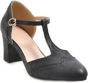 MIOKE Women's Classic T-Strap Mary Jane Pumps Round Toe Chunky Block Heel Retro Vintage Dress Oxford Shoes