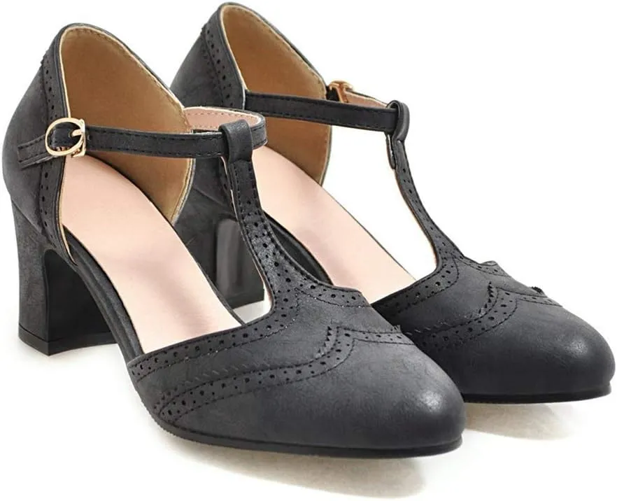 MIOKE Women's Classic T-Strap Mary Jane Pumps Round Toe Chunky Block Heel Retro Vintage Dress Oxford Shoes