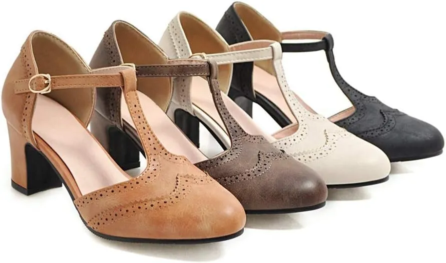MIOKE Women's Classic T-Strap Mary Jane Pumps Round Toe Chunky Block Heel Retro Vintage Dress Oxford Shoes