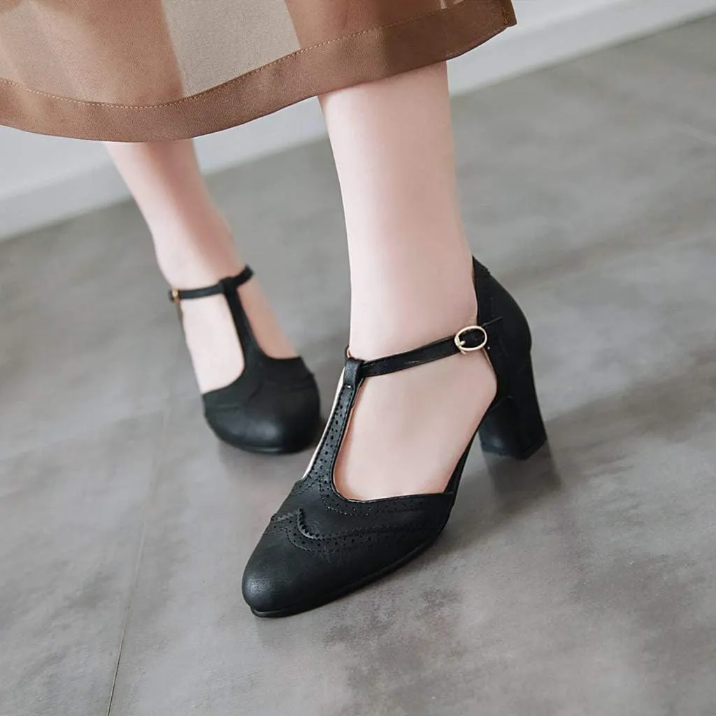 MIOKE Women's Classic T-Strap Mary Jane Pumps Round Toe Chunky Block Heel Retro Vintage Dress Oxford Shoes