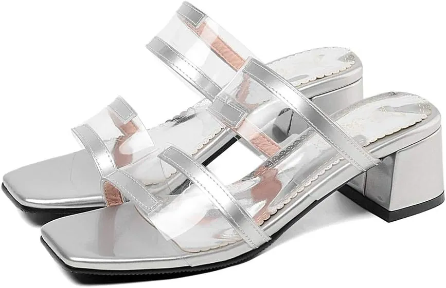 MIOKE Women's Clear Heeled Slide Sandals Toe Ring Open Toe Slip On Block Low Heel Jelly Dressy Flipflops
