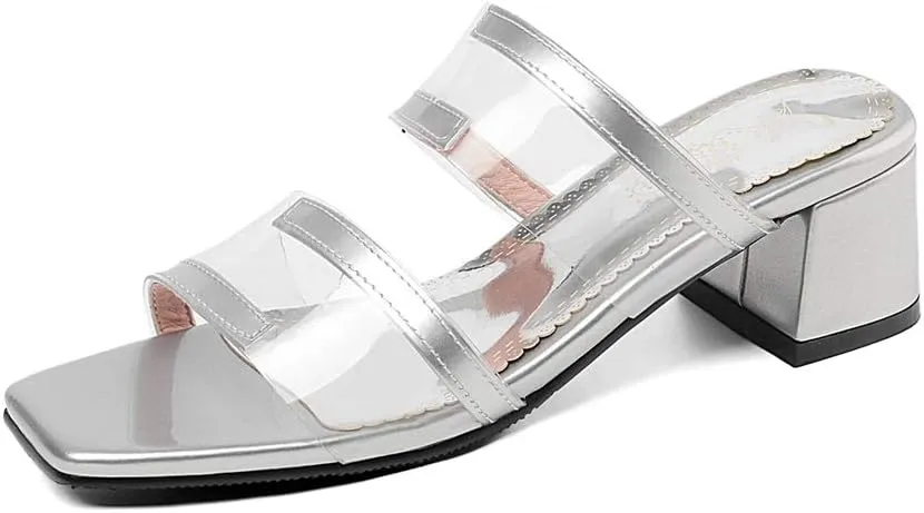MIOKE Women's Clear Heeled Slide Sandals Toe Ring Open Toe Slip On Block Low Heel Jelly Dressy Flipflops