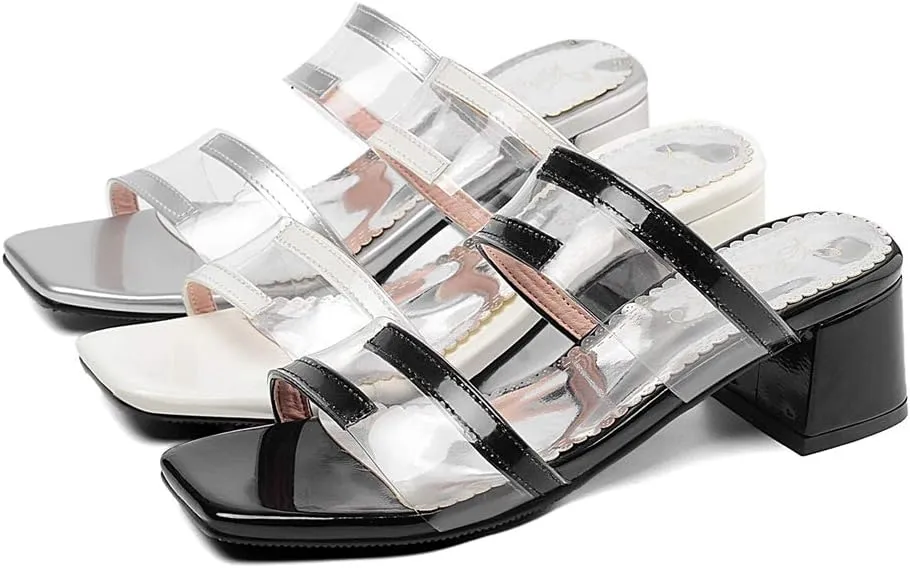 MIOKE Women's Clear Heeled Slide Sandals Toe Ring Open Toe Slip On Block Low Heel Jelly Dressy Flipflops