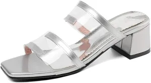 MIOKE Women's Clear Heeled Slide Sandals Toe Ring Open Toe Slip On Block Low Heel Jelly Dressy Flipflops