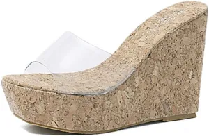 MIOKE Women's Clear Wedge Platform Slide Sandals Open Toe Slip On Comfort Casual Cork High Heels Sandal