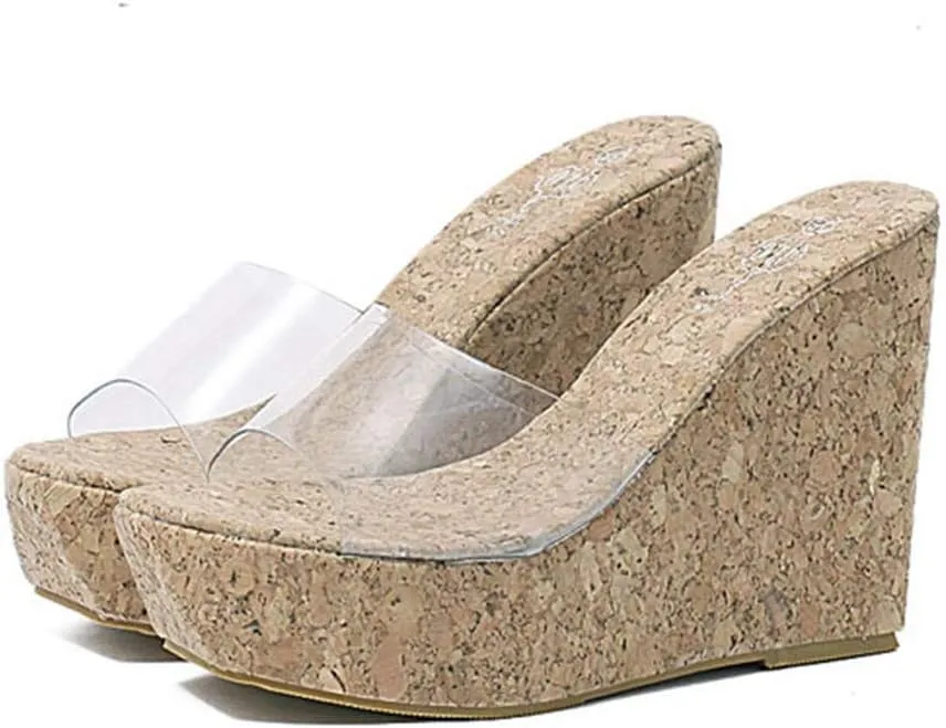 MIOKE Women's Clear Wedge Platform Slide Sandals Open Toe Slip On Comfort Casual Cork High Heels Sandal