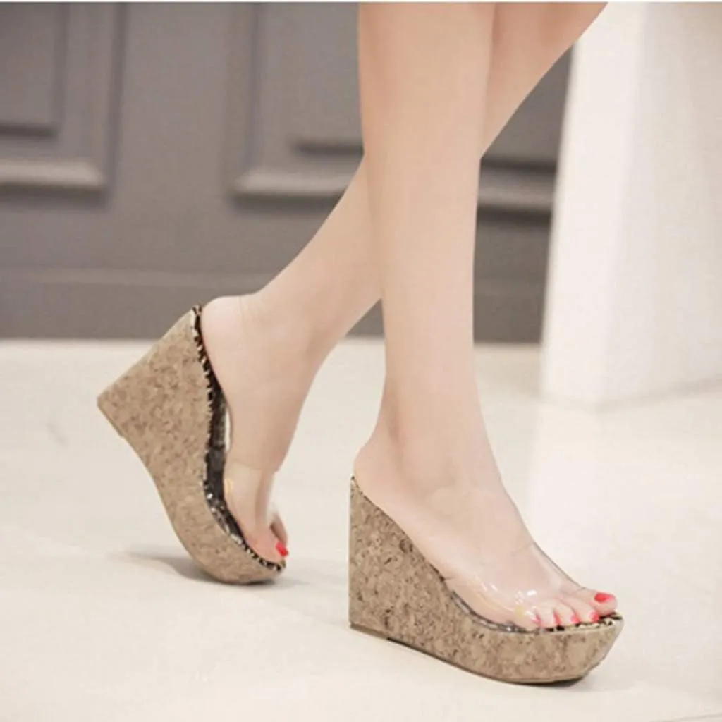 MIOKE Women's Clear Wedge Platform Slide Sandals Open Toe Slip On Comfort Casual Cork High Heels Sandal