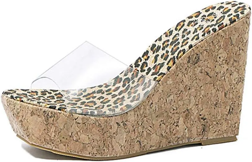 MIOKE Women's Clear Wedge Platform Slide Sandals Open Toe Slip On Comfort Casual Cork High Heels Sandal