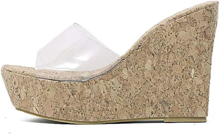 MIOKE Women's Clear Wedge Platform Slide Sandals Open Toe Slip On Comfort Casual Cork High Heels Sandal