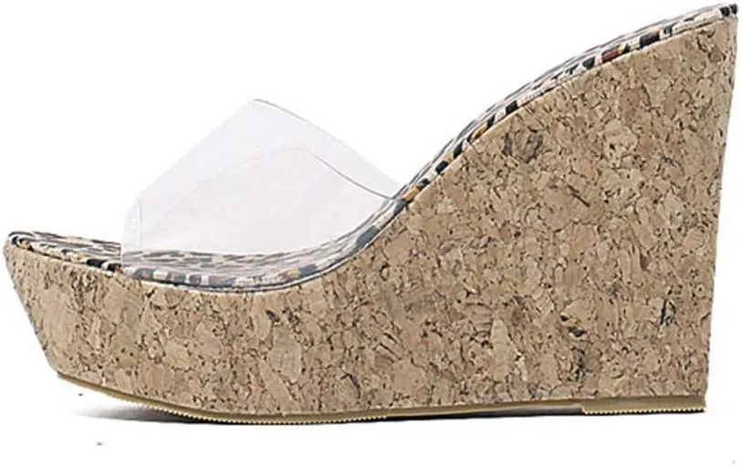 MIOKE Women's Clear Wedge Platform Slide Sandals Open Toe Slip On Comfort Casual Cork High Heels Sandal