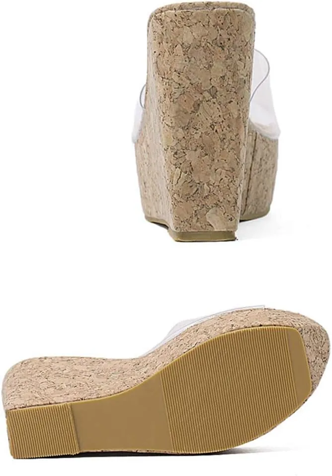 MIOKE Women's Clear Wedge Platform Slide Sandals Open Toe Slip On Comfort Casual Cork High Heels Sandal