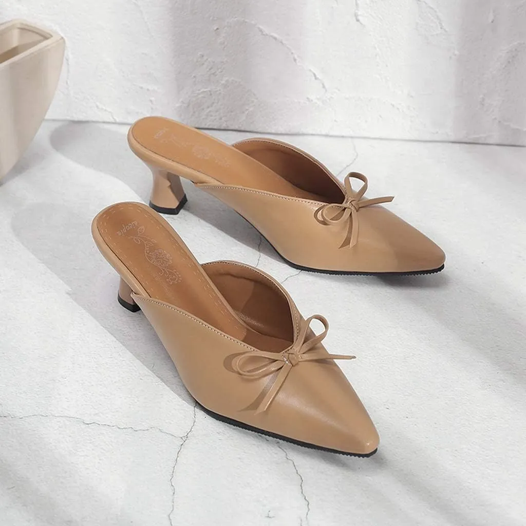 MIOKE Women's Comfy Kitten Low Heel Mules Pointed Toe Bow Slip On Backless Pump Slide Sandal Office Shoes