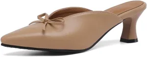 MIOKE Women's Comfy Kitten Low Heel Mules Pointed Toe Bow Slip On Backless Pump Slide Sandal Office Shoes