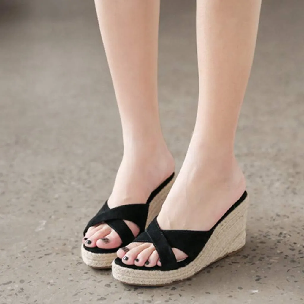 MIOKE Women's Espadrille Wedge Sandals Crisscross Open Toe Suede Slip On Casual Chunky Platform Sandal