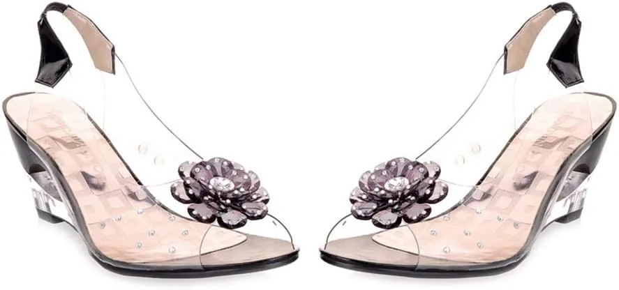 MIOKE Women's Fashion Clear Crystal Wedge Sandals Peep Toe Glitter Flower Platform High Heel Dress Sandal