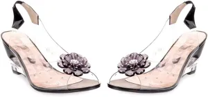 MIOKE Women's Fashion Clear Crystal Wedge Sandals Peep Toe Glitter Flower Platform High Heel Dress Sandal