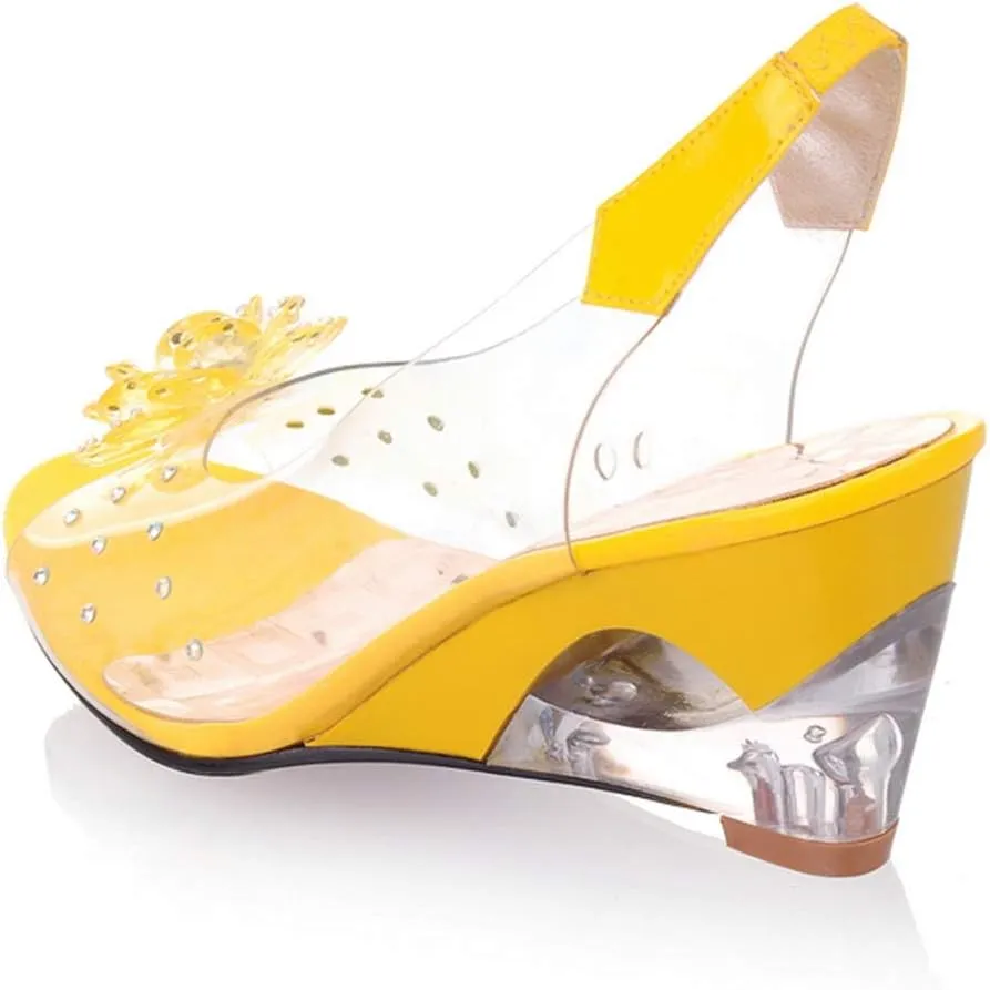 MIOKE Women's Fashion Clear Crystal Wedge Sandals Peep Toe Glitter Flower Platform High Heel Dress Sandal